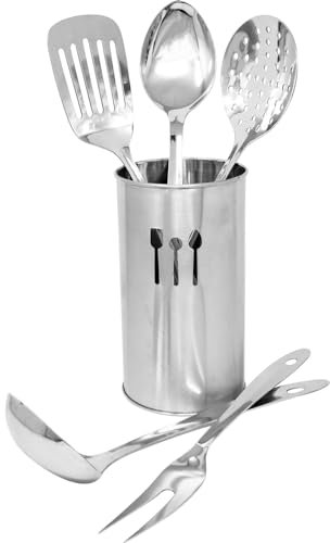 6pc Kitchen Utensil Set - Stainless Steel, Spoons Turners Spatula Ladle Fork, Kitchen Gadgets | Heat Resistant, Includes Cutlery Holder, Dishwasher Safe | Non Stick For Easy Cleaning, Ideal for Bbqs