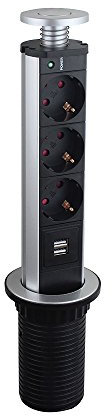Enchufe de mesa empotrable, 3 enchufes Schuko, 2 cargadores USB retráctiles