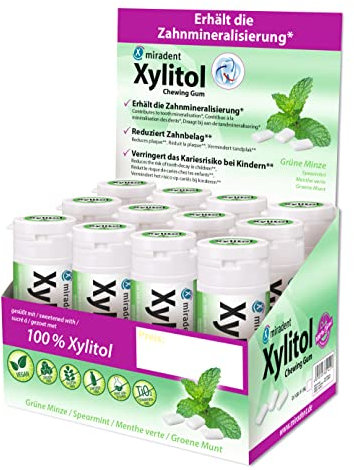 miradent Xylitol Zahnpflegekaugummi Spearmint Display 12 St. | erfrischender Geschmack | zuckerfrei | vegan | kariespräventiv | für unterwegs