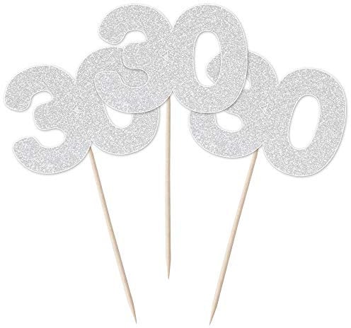 Number 30 Cupcake Toppers - 12pk Cake Decoration, Birthday, Anniversary, Pick, Pics, Thirty (Silver Glitter)