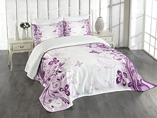 ABAKUHAUS Schmetterling Tagesdecke Set, Wirbelnde Blumen Wilde, Set mit Kissenbezug Maschienenwaschbar, für Einzelbetten 170 x 220 cm, Lila Weiß