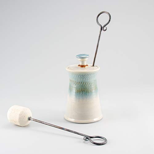 Georgetown Pottery Handgefertigter Cape Cod Feueranzünder Elfenbein und Blau Oribe Feuertopf mit Eisen und Speckstein Feuerstarter Zauberstab für Kamin, Holzofen, Feuerstelle
