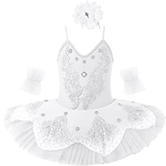 TiaoBug Mädchen Ballettkleidung 3tlg.Set Ballettkleid+Handschuhe+Haarband Kinder Ballettanzug Ballett Trikot Tanz Kostüm Tütü Kleid 104 110 116 122 128 140 152 Weiß Tutu 98-104