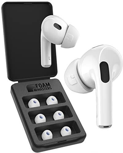 Foam Masters Ohrstöpsel aus Memory-Schaum für AirPods Pro 1. und 2. Generation, 3 Paar, 4.0, bequem, sicher, bessere Geräuschunterdrückung, Ersatzknospen (Verschiedene Größen S/M/L, Weiß)