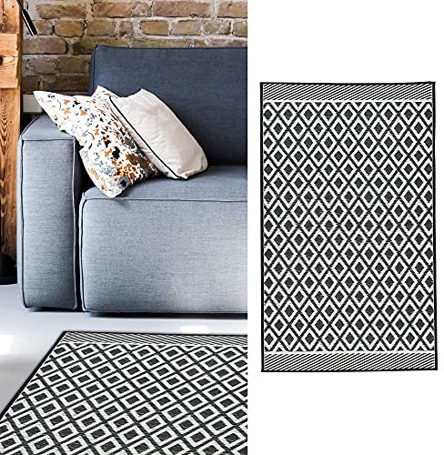 Teppich Outdoor 90x150 cm │Kunststoff schwarz-weiß │ Bodenmatte für Außenbereich (1 x Teppich schwarz/weiß)