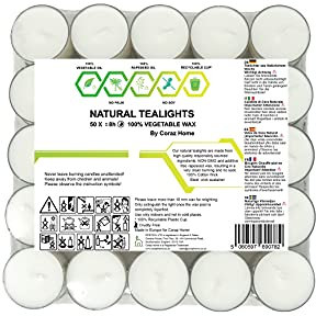 Natural Unscented Tealights 100% Rapeseed Wax with 4 Hours or 8 Hours Burning Time Paraffin-Free Candles in Recyclable Clear Cup Natural Wax Tea Lights