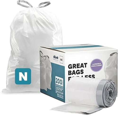 Plasticplace Mülltonneneinlagen mit Kordelzug, Lavendel und weicher Vanilleduft, kompatibel mit Code N (200 Stück), 45–50 Liter, 57,1 x 80 cm, Weiß