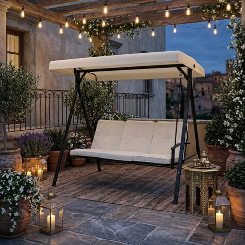 Balancelle de jardin 3 places convertible en lit avec toit pare-soleil réglable, cadre en acier revêtu par pulvérisation