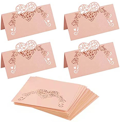70 Pcs Heart Shaped Hollow Out Pink Place Cards Wedding Decoration Buffet Table Setting Name Place Cards for Wedding Baby Shower