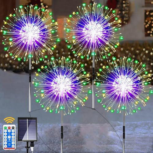 yowin Lampe Solaire Exterieur Jardin 4 x 120 LED Feu d'artifice Solaire avec Télécommande, 8 Modes Étanche Éclairage Extérieur Solaire de Pissenlit pour Jardin Pelouse Terrasse Deco - Multicolore