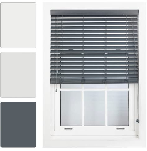 FURNISHED Dark Grey Faux Wood Venetian Blinds 50mm Easy Fit Trimmable Child Safe Home Office Window Blinds, 130cm x 150cm