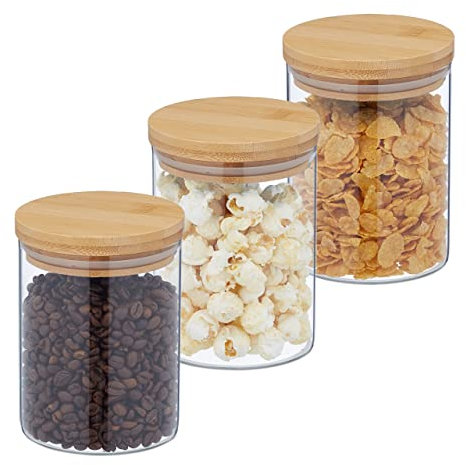 Relaxdays Vorratsgläser mit Bambusdeckel, 3er Set, runde Vorratsdosen aus Glas, 650 ml, luftdicht, transparent/natur, 13 x 10 cm