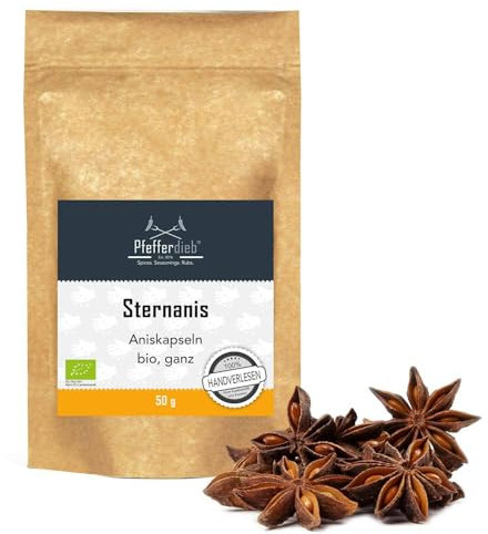 BIO Sternanis ganz, Anissterne ganze Kapseln Premium Qualität (50g), intensiv aromatisch ohne Zusätze, Gewürz zum Backen, Kochen, Glühwein & Tee - Pfefferdieb