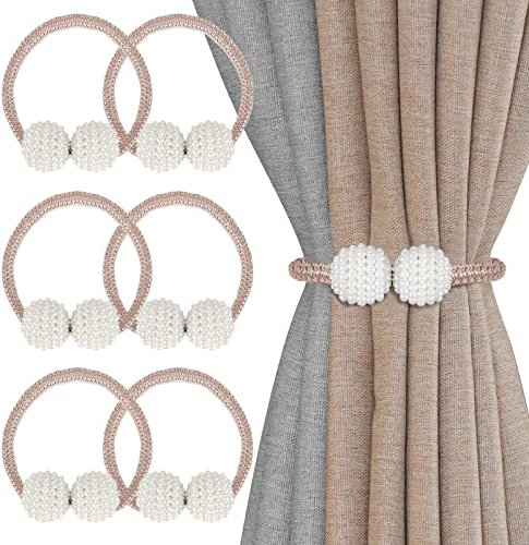 Senbaler 6 Stück Magnetische Vorhang Raffhalter mit Perlen,Vorhanghalter Seil,Duschvorhang Rückhalter,Dekoration für Home Office Hotel (Champagnerfarbe)