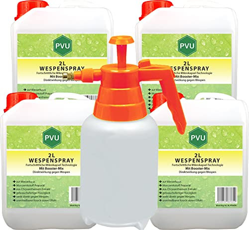 Pvu Wespenspray 4x2 Liter + Sprüher | Wespenabwehr formuliert in Deutschland | Hochwirksames Wespengift aus reinen Chrysanthemum Extrakt