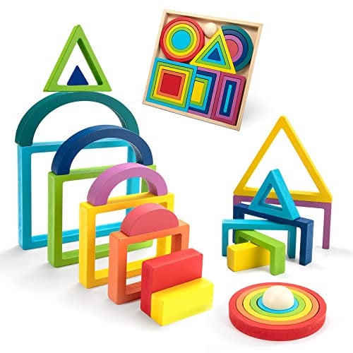 Wisplye Regenbogen Holz Spielzeug, 28 Stück Bausteine Bunter Holzbausteine Stapelspiel, Montessori Geometrie Formen Nesting Puzzle Gehirnspiel Lernspielzeug für Kleinkinder Kinder Jungen Mädchen