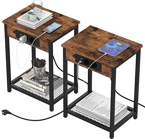 Nachttisch 2er Set, Beistelltisch mit 2 Standard-Steckdosen und 2 USB-Anschlüsse, Minimalistisch Holz Couchtisch mit Ladefunktion für Schlafzimmer, Wohnzimmer（Rustikales Braun）