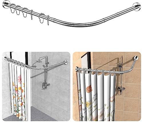 Duschvorhangstange ohne Bohren, 304 Edelstahl L Form Teleskopstange, 95-125 x 95-125 cm, inkl. 18 Ringe, ohne Deckenhalterung, Ecke Duschvorhangstange Rostfrei, für Badewanne & Dusche - Silber