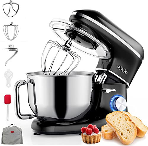 Fentic Küchenmaschine - 2000W - Edelstahl Rührschüssel (6,2 L) - Knetmaschine mit Rührhaken, Knethaken, Schlagbesen und Spritzschutz - Inkl. zusätzlichem Zubehör - Schwarz
