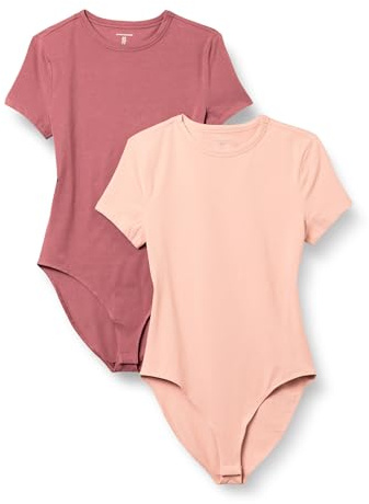 Amazon Essentials Women's Short Sleeve Crew Neck Stretch Cotton Jersey Slim-Fit T-Shirt Bodysuit, Pack of 2, Dusty Rose/Plum, Medium