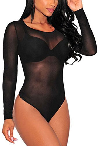MAYFASEY Womens Bodysuits Sexy Sheer Mesh See Through Jumpsuit Bodysuit Top