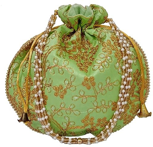Purpledip Silk Potli Bag (pochette, borsa con coulisse): intricato filo d'oro ricamo Satchel per le donne, verde chiaro lime (12602F), Viti Verdi, Large