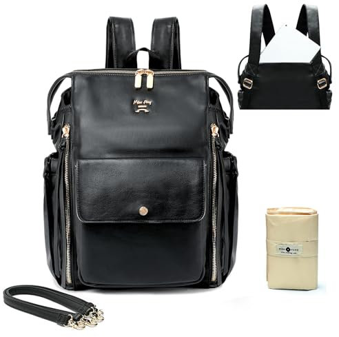 MISS FONG Wickelrucksack Groß Wickeltasche Baby Taschen für Mama Mom Mummy Bag Leder Windeltasch Rucksack Mit Wickelunterlage Unterwegs Kinderwagen Baby Born Lässig Schwarz
