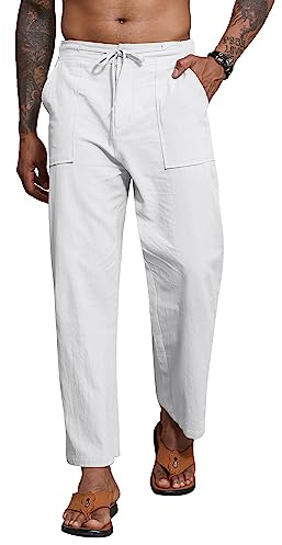 YAOBAOLE Pantalon Coton Lin Homme Yoga Décontracté Pantalons Toile Homme Leger Eté Pantalon Taille Elastique Placket Zipper