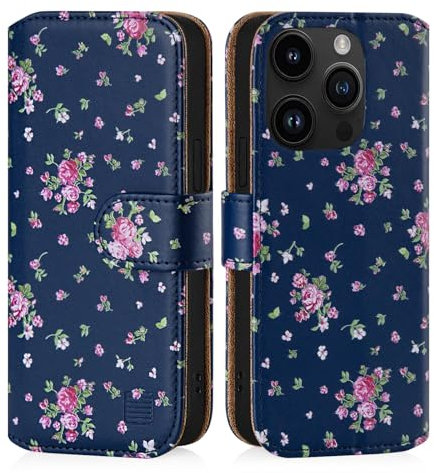 32nd Floral Series 3.0 - Design PU Leather Book Wallet Case Cover for Apple iPhone 15 Pro Max (6.7), Flip Case With RFID Blocking Card Slots, Magnetic Closure and Built In Stand - Vintage Rose Indigo