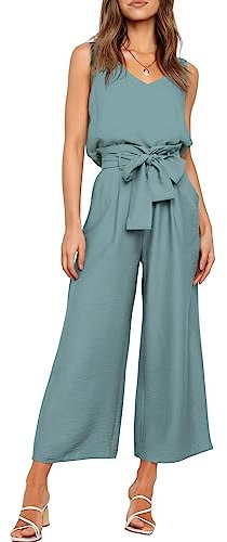 FANCYINN Damen 2 Teiliges Crop Pants Set mit Weitem Bein Wide Strap V-Ausschnitt Tank High Waist Cropped Paper Bag Hose mit Gürtel Haze Blau Oberteil & Hose M