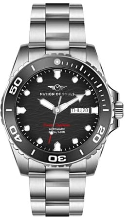 Nation of Souls Ocean Explorer – Automatische Taucheruhr für Herren mit 43 mm Gehäuse – 22 mm Uhrenarmband – 316L Edelstahl-Uhrengehäuse 200 m wasserdicht analoge Uhr – Britische Taucheruhren, silber,