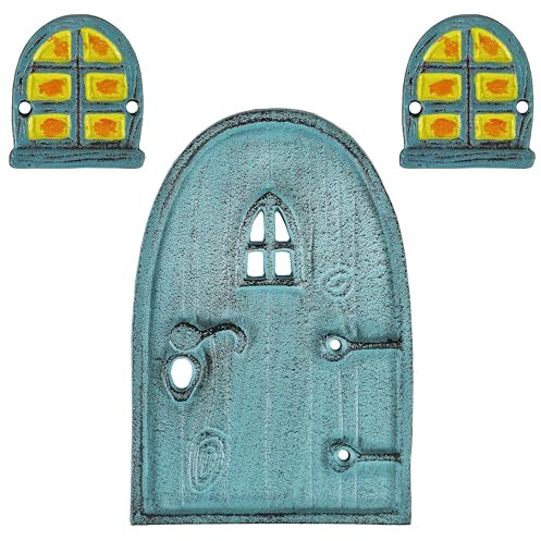 Lulu Decor, Miniatur-Feentür aus Gusseisen, 20,3 cm, mit 2 Fenstern, Gartendekoration, ideal für die Unterseite von Bäumen (20,3 cm, runde Oberseite)