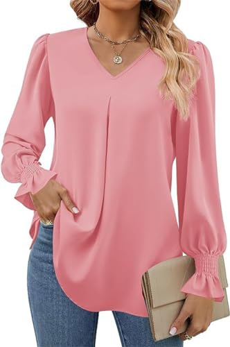 Tomwell Blouse Femme Automne Chemisier en Mousseline de Soie Élégant Haut à Manches Longues Col V Tunique Fluide T-Shirt Couleur Unie Blouse Plissé Casual Femme Chic A Rose XL