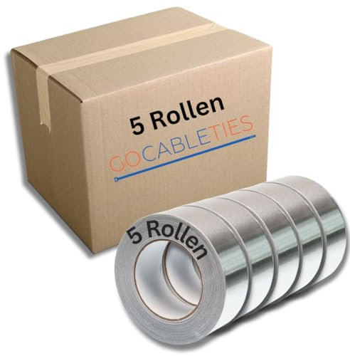 GOCABLETIES Aluminium Klebeband 5 Rollen, 48 mm x 50 m, selbstklebendes Alu Klebeband, Aluklebeband hitzebeständig Band zum Versiegeln, Reparieren und Isolieren
