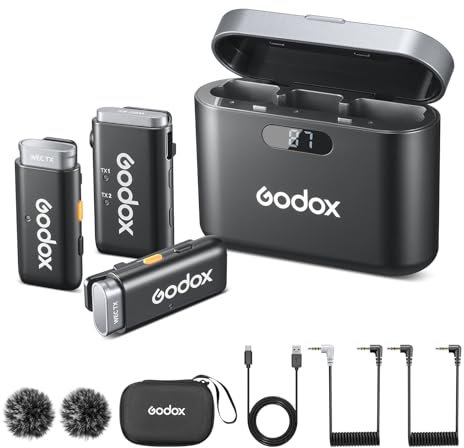 GODOX WEC Kit2 Kabellose Lavalier Mikrofon mit Zwei Mikrofone/Ladehülle für Kamera, Rauschunterdrückung, 200m Reichweite, 48kHz/16 bit Frofessionelle für Audioaufnahmen