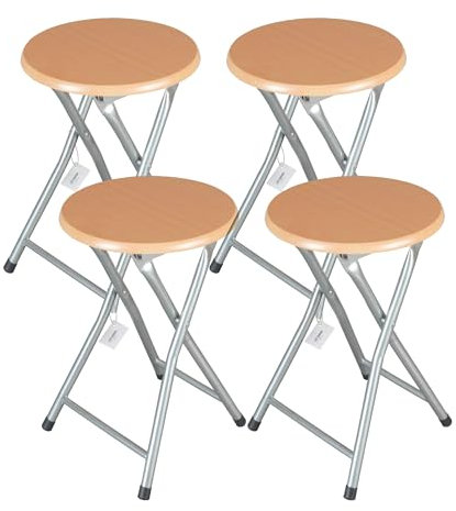 THE SECRET HOME - Pack de 4 Taburetes Plegables de Madera - 30x45cm - Estructura Metálica - Ideal para Cocina, Terraza o Jardín - Color Natural