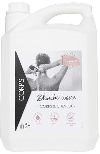 Gel douche corps et cheveux Blanche Ivoire au parfum jasmin coco. bidon de 5L