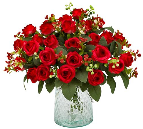 JUSTOYOU 4PS künstliche Blumen Rose, rote Seide Rose Sträuße mit Stiel, gefälschte Blume Realistische Rose für Hochzeit Home Garten Party Büro Dekor (rote)
