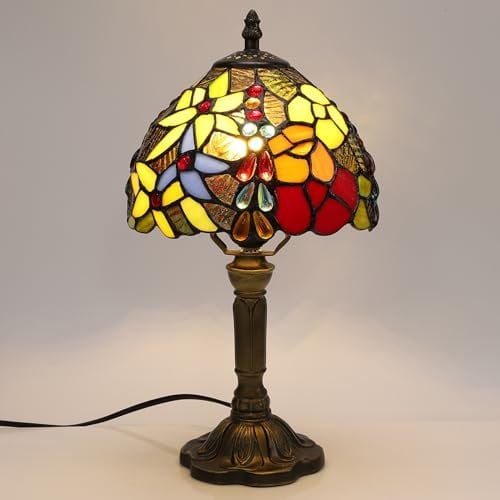 FUMAT Tiffany Tischlampe, Retro Lampe, Kleine Nachttischlampe, Deko Tischleuchte, Bunte Glas Lampenschirm, Mit E27 LED Glühbirne, für Schlafzimmer Wohnzimmer Büro