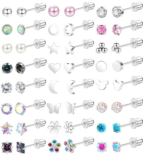 JeweBella 24 Pairs Flat Back Earrings for Women Girls Surgical Steel Earrings Hypoallergenic Silver Earrings Flower Heart Butterfly Turquoise Pearl Zirconia Screw Back Earrings Small Stud Earrings Set