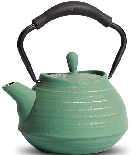 GUANGHEIRON Gusseisen Teekanne 650 ml, handgefertigtes Fadenmuster, mit Teesieb, emaillierte Innenseite, geeignet für Herd, ideal für Tee und Kaffee