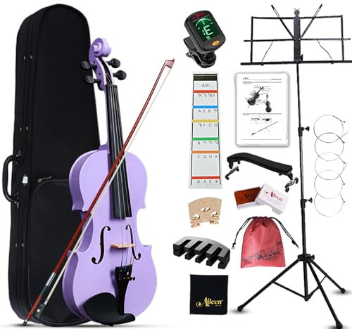 Aileen Geige 4/4 für Erwachsene Anfänger, Violine Set für Kinder ab 12 Jahre, Teenager Lila Violette Geige Einsteiger Kit Vollständig mit 13 Zubehör, Notenständer, Exklusive Neue Griffbrett Aufkleber