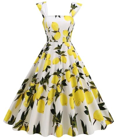 50er Jahre Kleider für Frauen 1950er Vintage Floral Cocktail Swing Kleid Retro Krawatte Träger Rückenfrei Rockabilly Abschlussball Tee Party Kleider, Gelbe Zitrone., Mittel