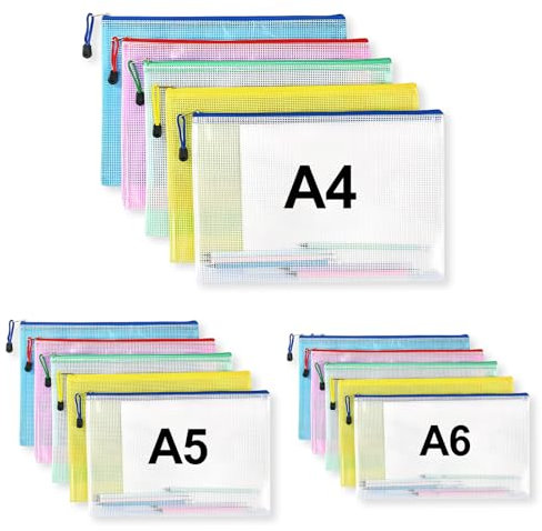 Logei Dokumententasche mit Reißverschluss A4+A5+A6, 15 Stück Reißverschlusstasche Datei Taschen Wasserdichte Document Case, 5 Farben Zip Beutel Tasche Mesh Beutel für Datei Papier Dokumente, Kosmetika
