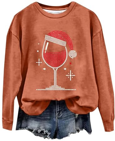 Weihnachts Sweatshirt Damen Rotweinglas Druck Weihnachtspullover Rundhals Langarm Weihnacht Pullover Casual Christmas Sweat Oberteile Xmas Langarmshirt Weihnachtspulli Teenager Mädchen