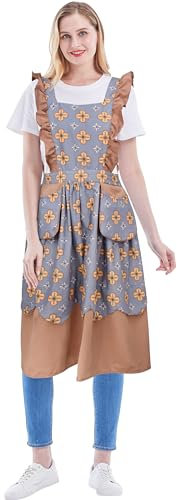 Nanxson Frauen Kücheschürze Lang Schürze mit Taschen Vintage gedruckt H Rücken Kochschürze für Restaurant Kaffee Backen Malerei