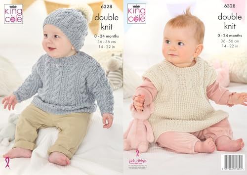 King Cole Knitting Pattern Double Knit Babies Sweater Sleeveless Top & Hat (6328), 14 – 22 36cm – 56cm