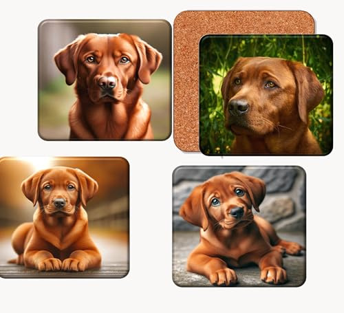 Red Fox Labrador Retriever Drinks Coasters, Set of 4, Cork-Backed, 9 cm x 9 cm Beer Mats Bar Man cave, Labrador Lovers Gift