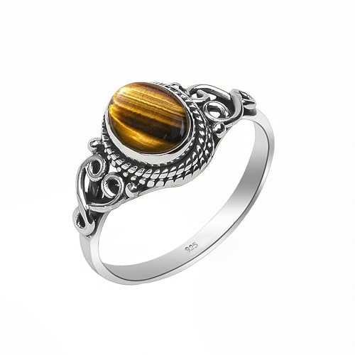 Edelsteinring, 925 Sterling Silber Ring für Frauen Männer natürlicher Steinring Statement elegantes Design oval 6x8 mm, Ring zur Verlobung NH01-TGRE-8.5