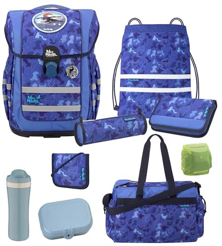 Familando McNeill Schulranzen 1. Klasse · ergonomischer Tornister · Schultasche für Jungen und Mädchen im Set (9-teiliges Set, Puzzle; Blau)